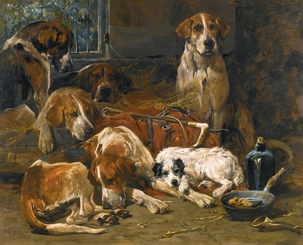 John Emms - New Forest Buckhounds And A Terrier In Their Lodges After The Hunt
