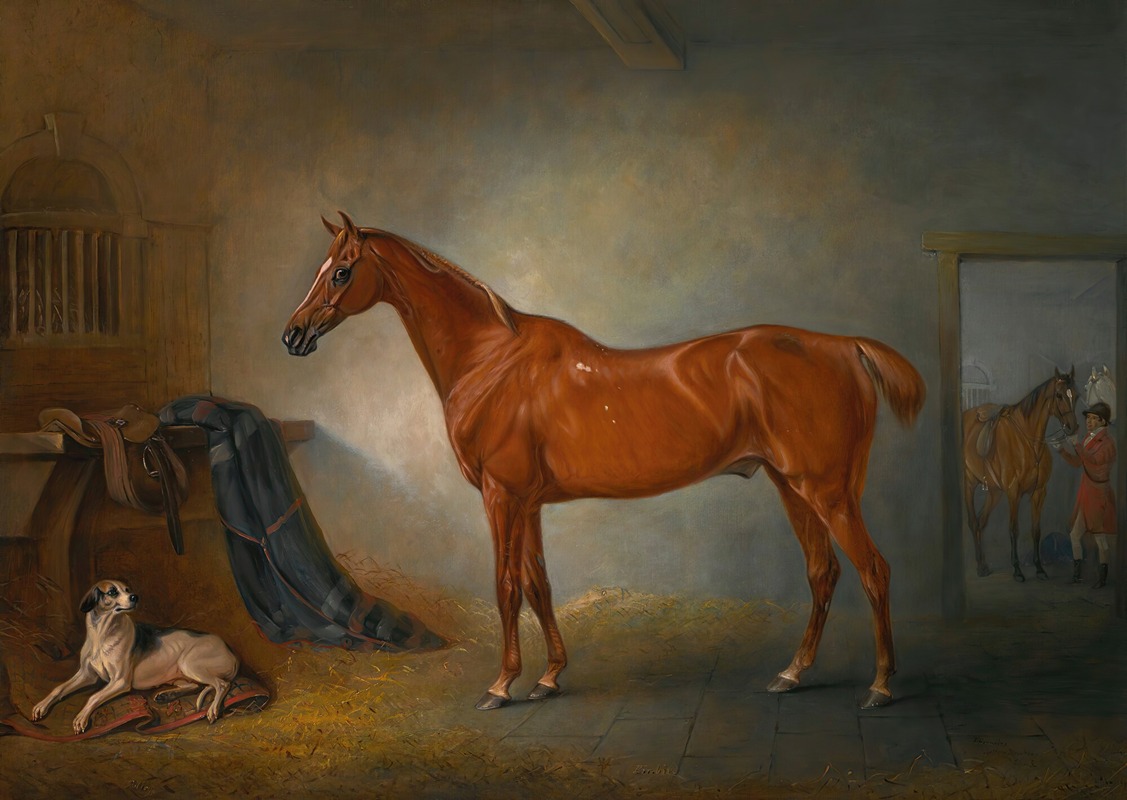 John Ferneley - Lord Henry Bentinck’s Chestnut Hunter Firebird And Policy, A Foxhound, In A Loose Box