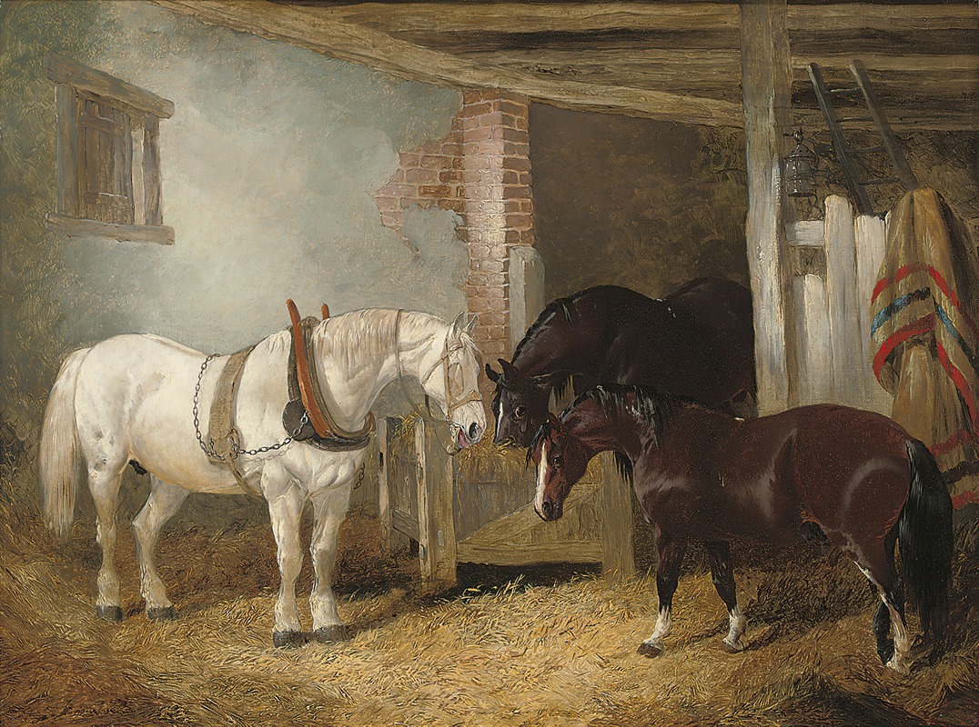 John Frederick Herring Jr. - Three horses in a stable feeding from a manger