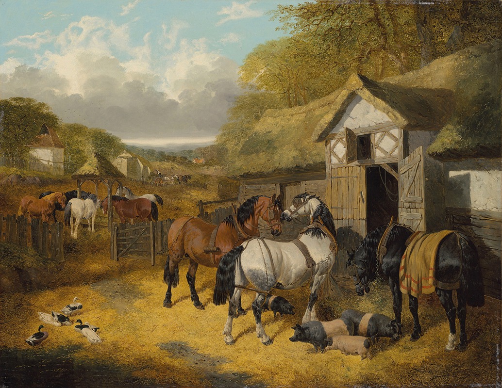 John Frederick Herring Jr. - Horses, pigs and ducks in a farmyard