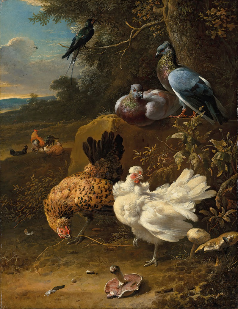 Melchior d'Hondecoeter - Chickens and pigeons in a landscape