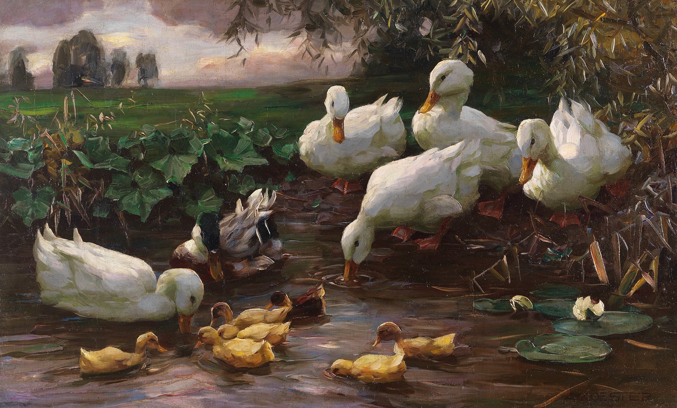 Alexander Koester - Erpel mit Enten und Küken am Seeufer