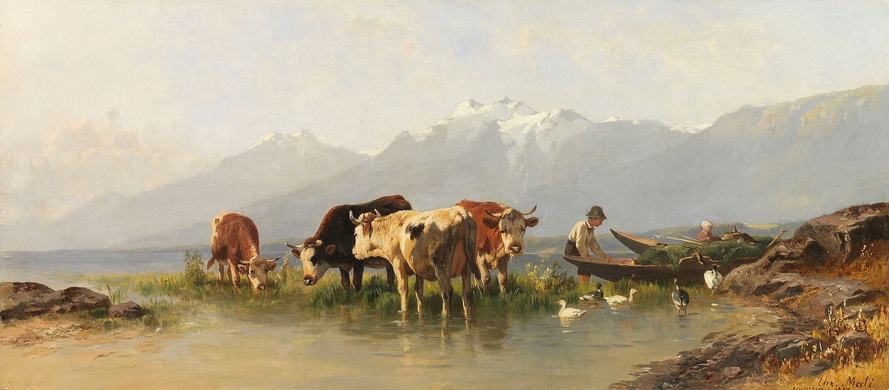 Christian Friedrich Mali - Bauer und Bäuerin mit Gänsen und Kühen am Achensee