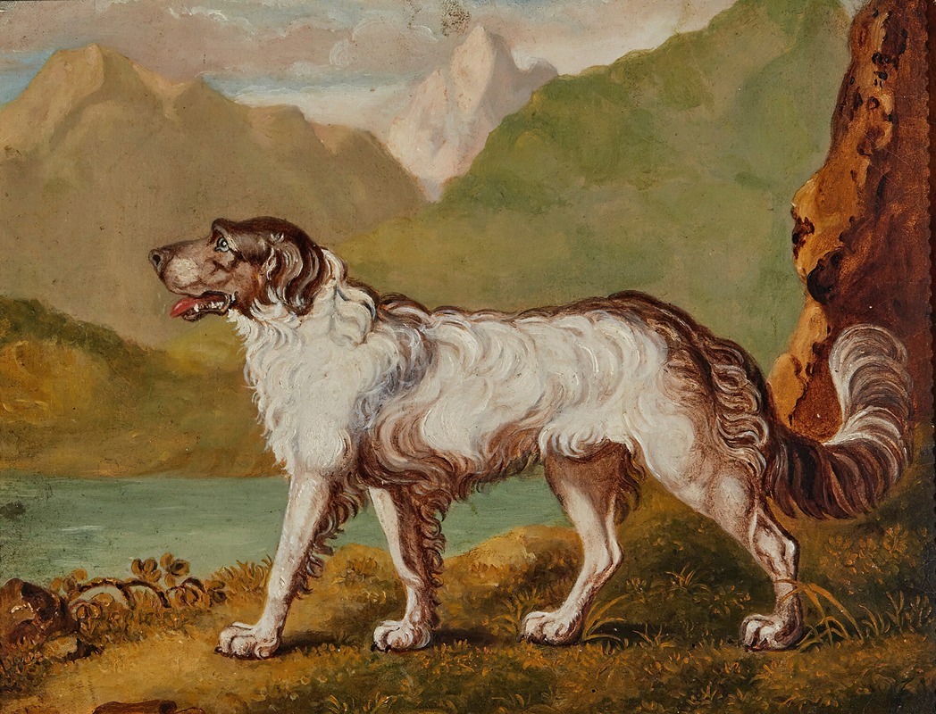 English School - A long-haired dog by a mountain lake