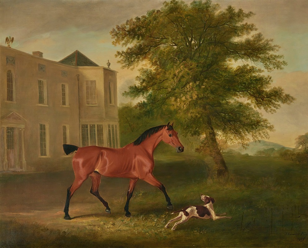 John Ferneley - A chestnut horse and a hound outside Humewood Manor, co. Wicklow