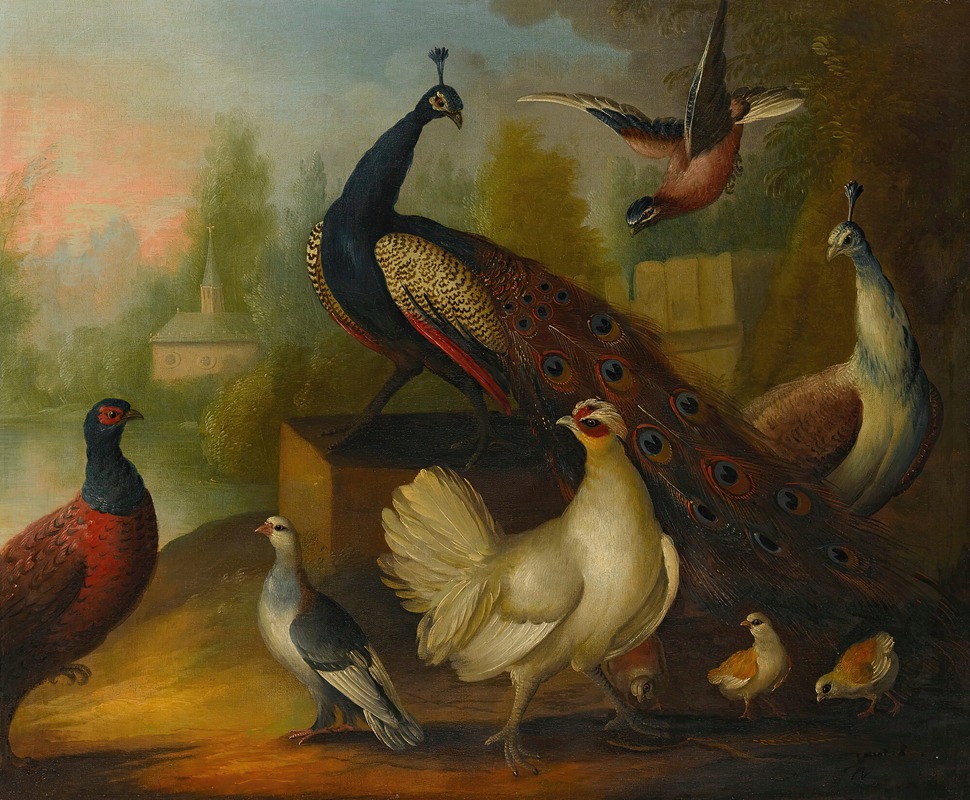 Marmaduke Cradock - Peacocks, chickens and other birds in a river landscape