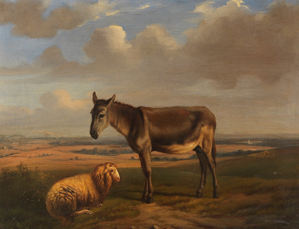 Adolphe Malherbe - Schaf und Esel vor weiter Landschaft