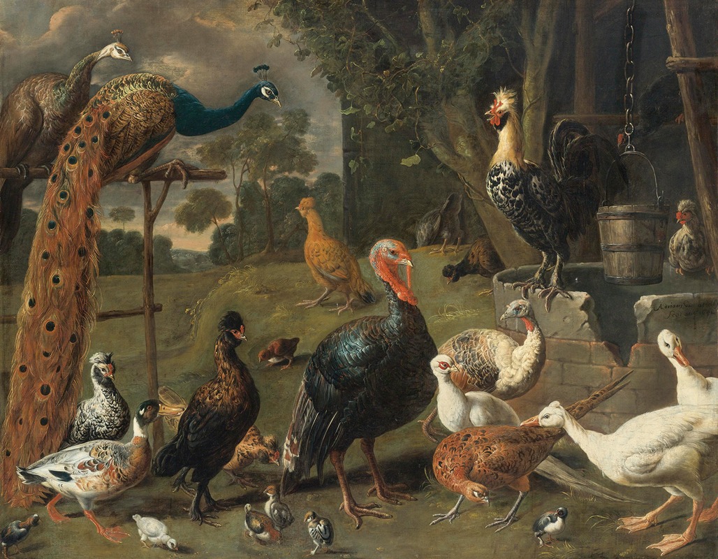 Adriaen van Utrecht - Peacock and peahen on a perch, turkeys, a pheasant and poultry by a well