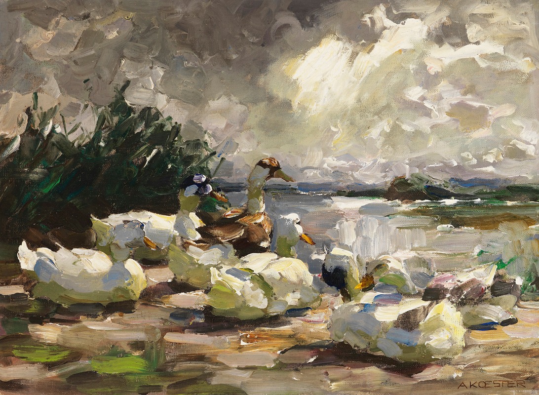 Alexander Koester - Enten am Ufer (schöne Wolkenstimmung)
