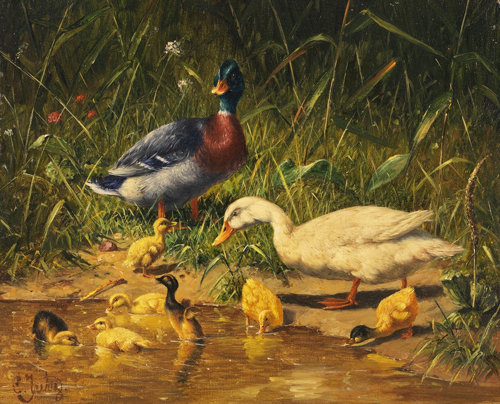 Carl Jutz - Enten mit Jungen am Wasser