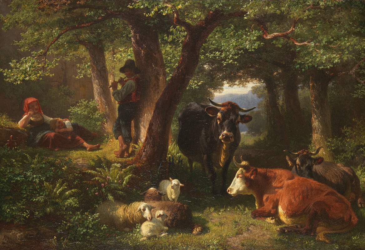Friedrich Voltz - Hirtenkinder im Wald mit Kühen und Schafen