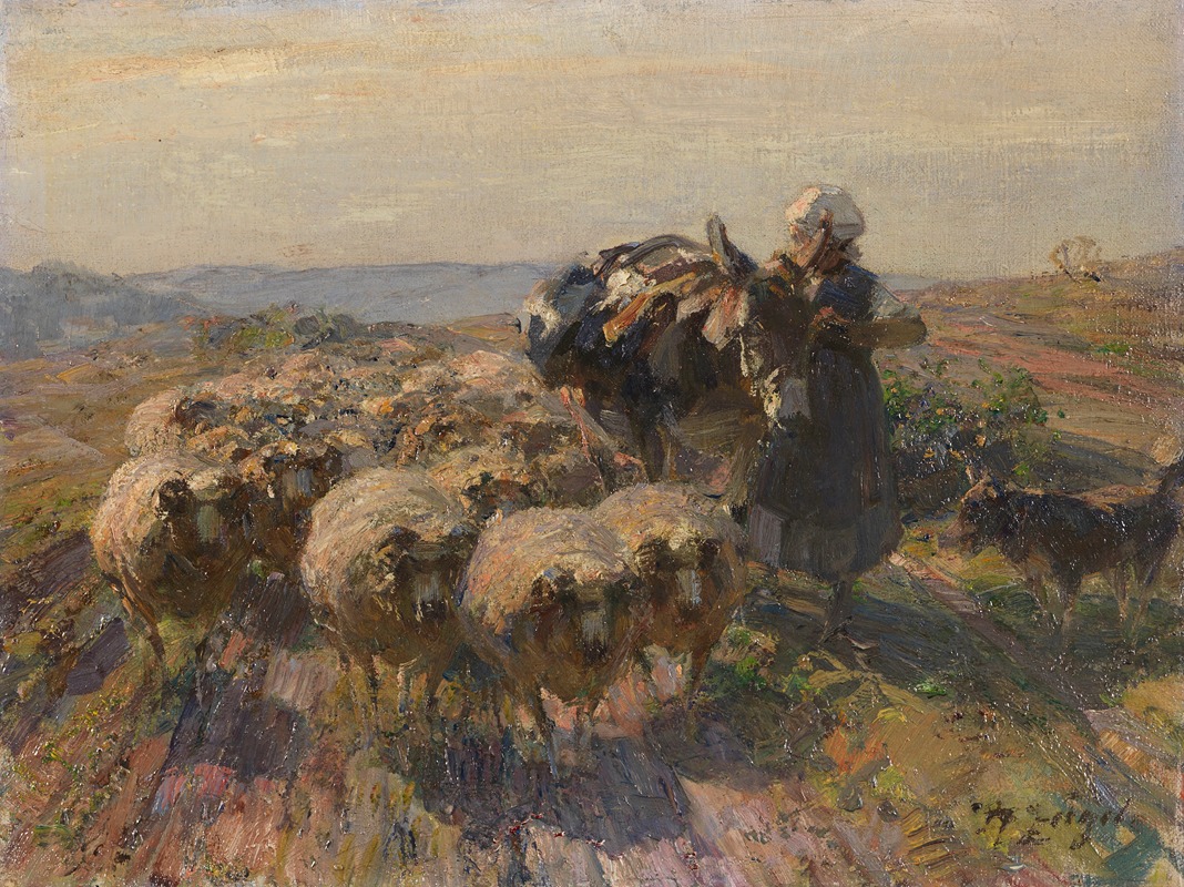 Heinrich Von Zügel - Schafherde mit Hirtin und Esel auf dem Feld