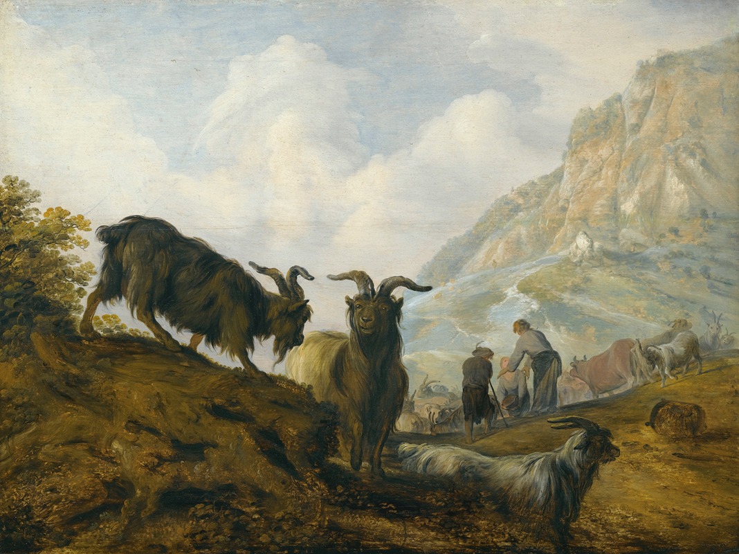 Jacobus Sibrandi Mancadan - Goats On A Hillside With Herders Beyond