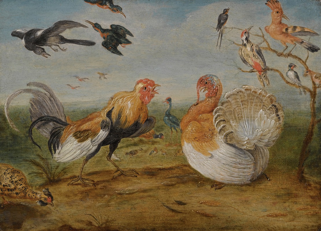 Jan Van Kessel The Elder - A Landscape With A Cockerel And A Turkey Squabbling, And Other Fowl