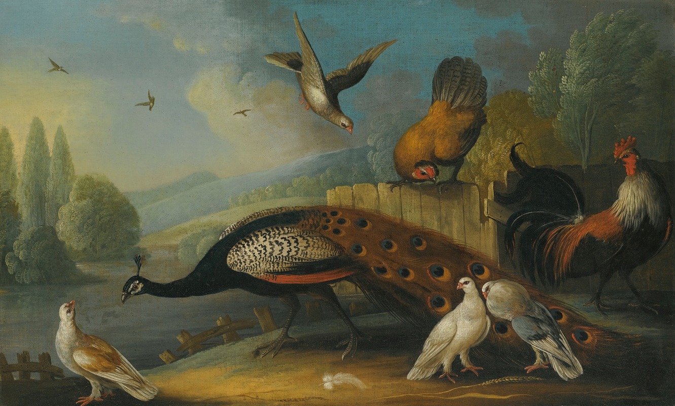 Marmaduke Cradock - A still life with a peacock, pigeons and chickens in a river landscape
