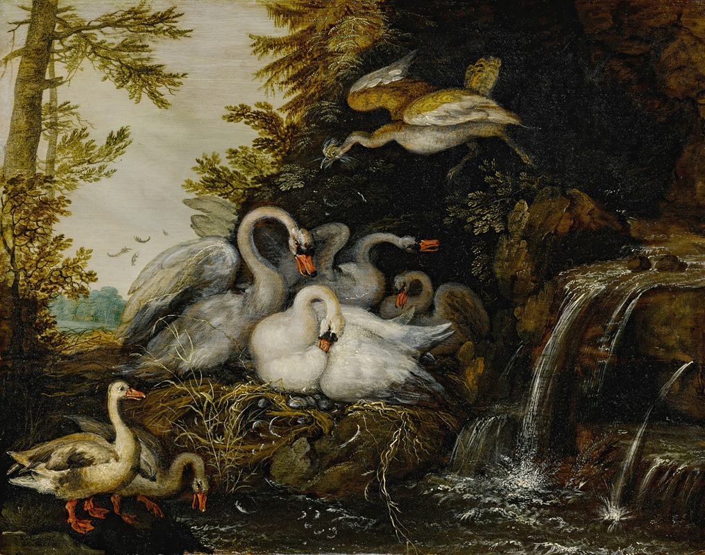 Roelant Savery - Landscape with swans near a waterfall