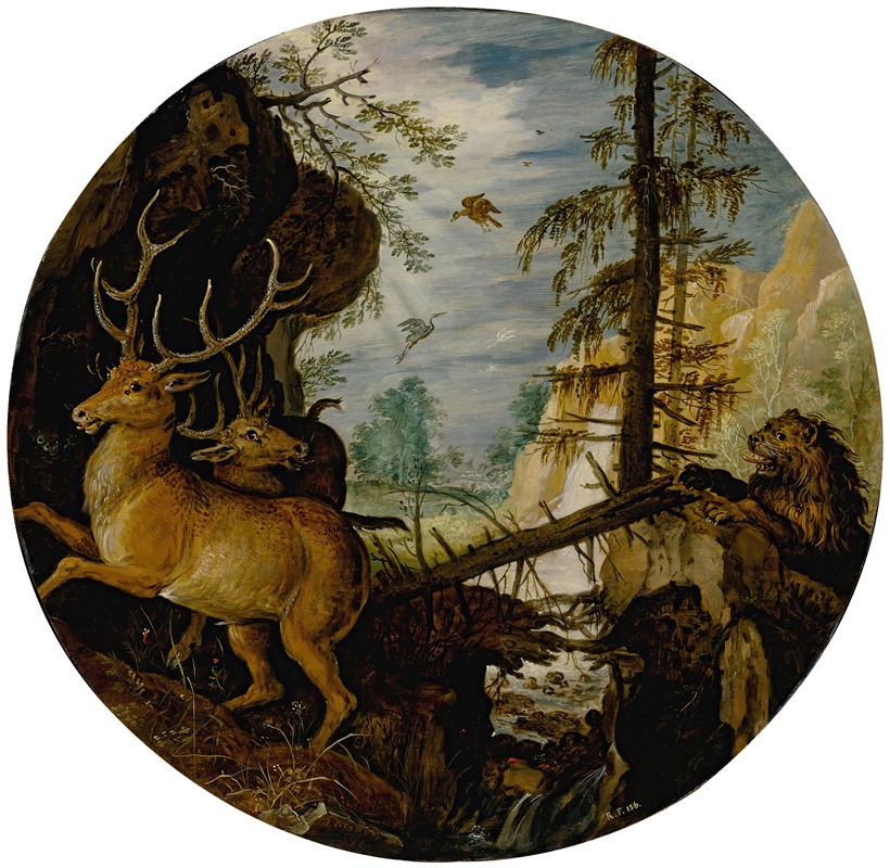 Roelant Savery - A lion hunting two deer