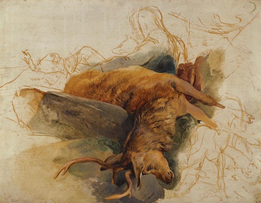 Sir Edwin Henry Landseer - A Dead Stag, With Sketched Figures Of A Ghillie And Hounds