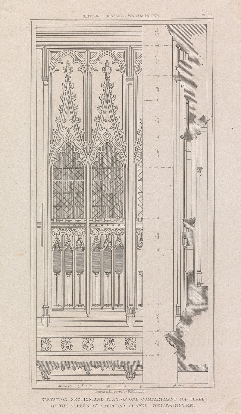 Robert William Billings - Elevation, Section and Plan, of One Compartment (of Three) of the Screen, St. Stephen’s Chapel, Westminster