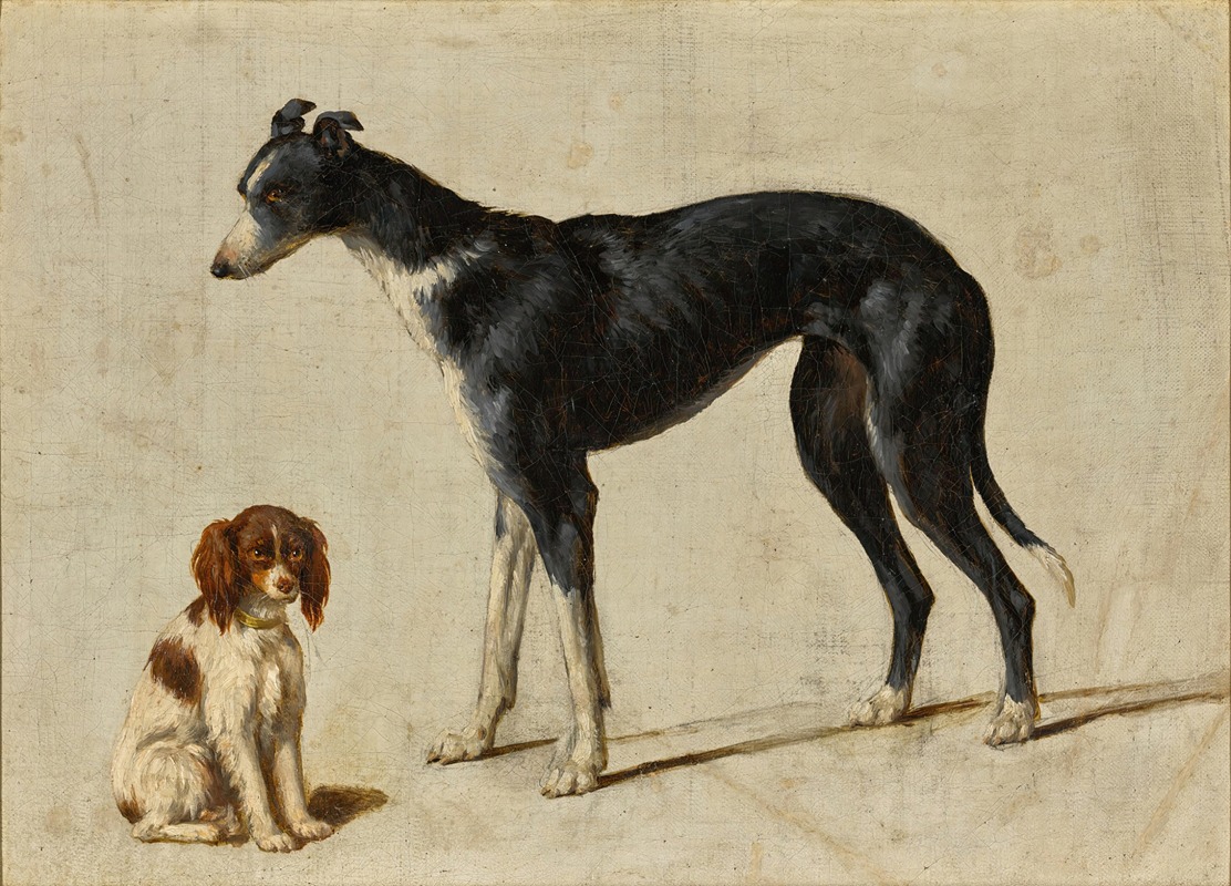 Hendrik Stokvisch - A seated Cavalier King Charles spaniel and a standing greyhound