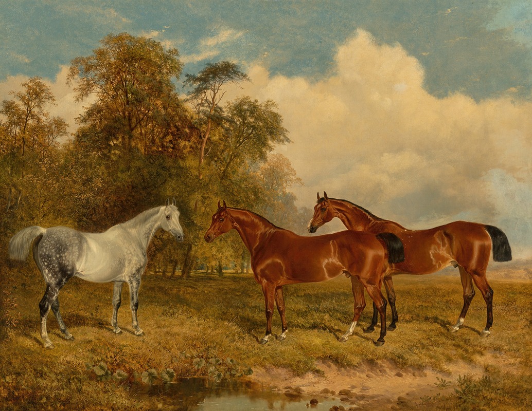James Walsham Baldock - Two bay horses and a dappled grey in a field with trees on the left