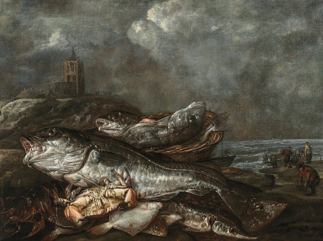 Abraham van Beyeren - Fish on the beach at Egmond