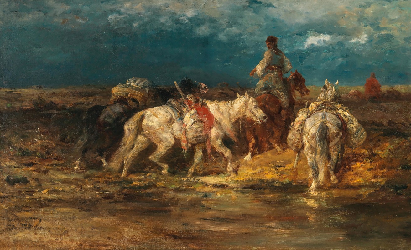 Adolf Schreyer - Wallachian Packhorses at the Ford