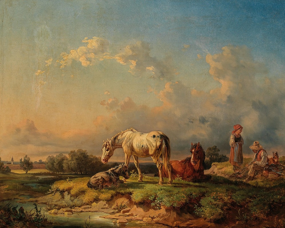 Adolf van der Venne - Horses Resting by a River