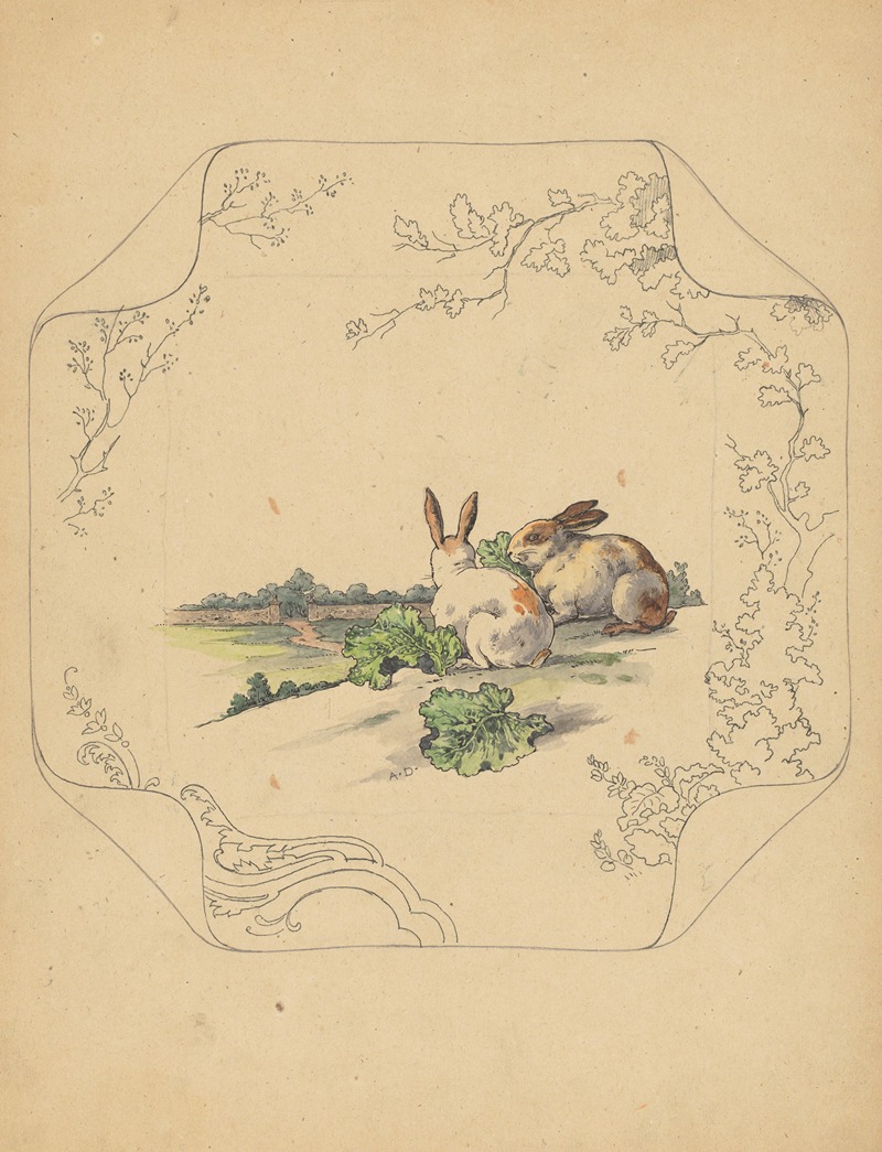 Albert Louis Dammouse - Ontwerp voor bord van het model ‘Square’ met twee konijnen