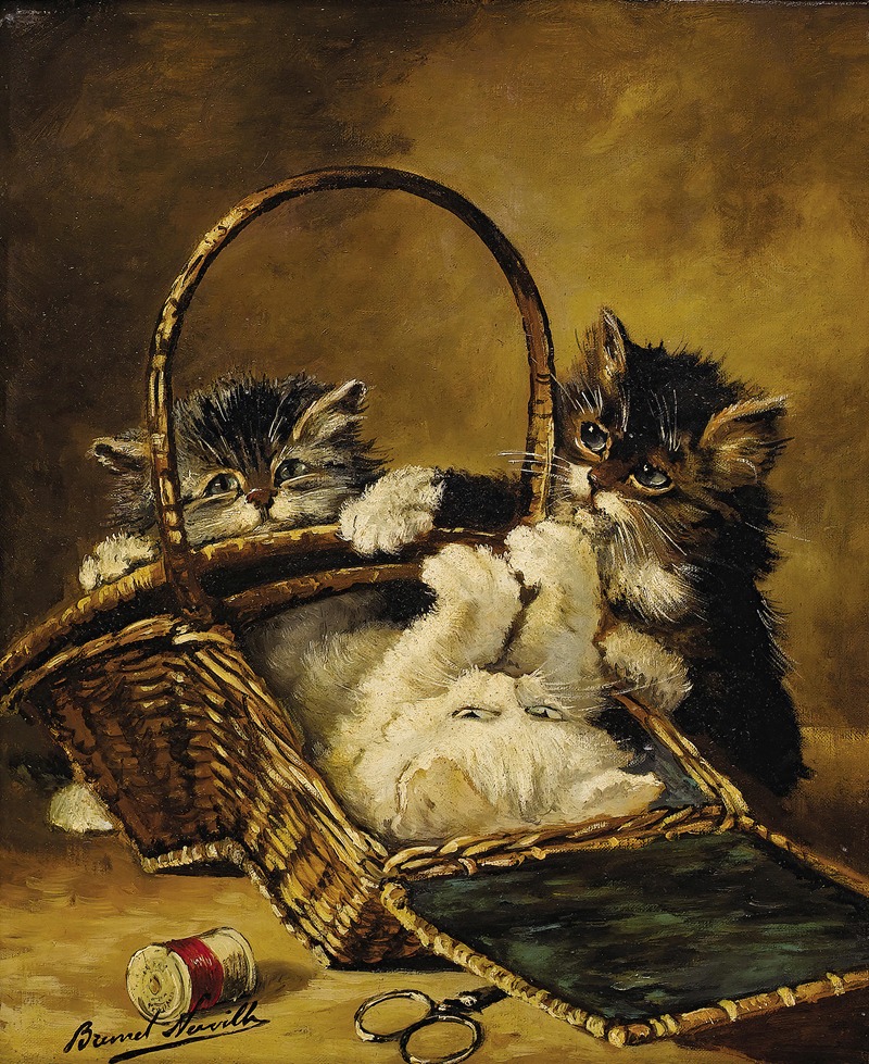Arthur-Alfred Brunel de Neuville - Three Kittens Playing in a Sewing Basket