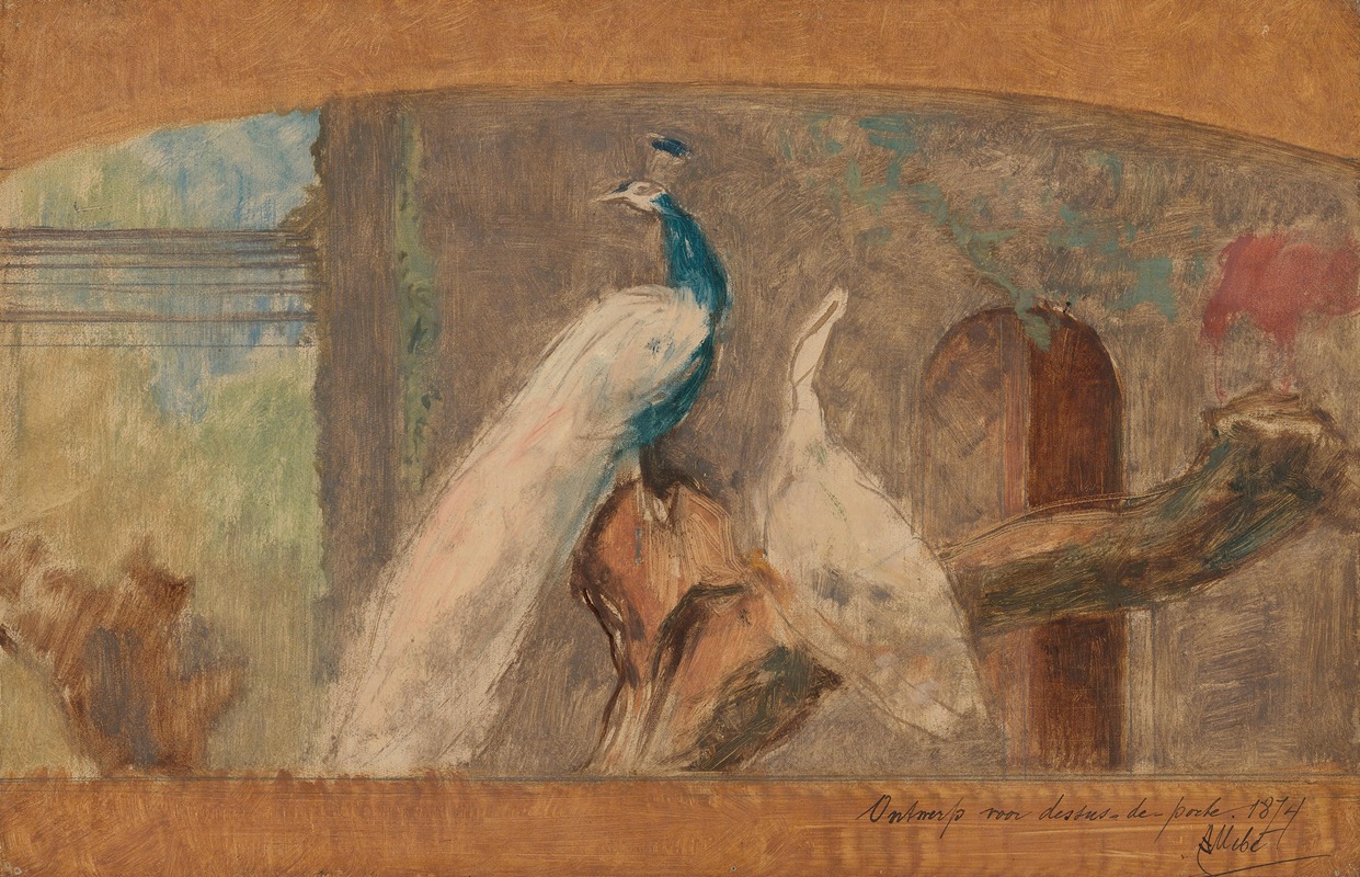 August Allebé - Ontwerp voor een dessus-de-porte; tak met pauw en andere vogels