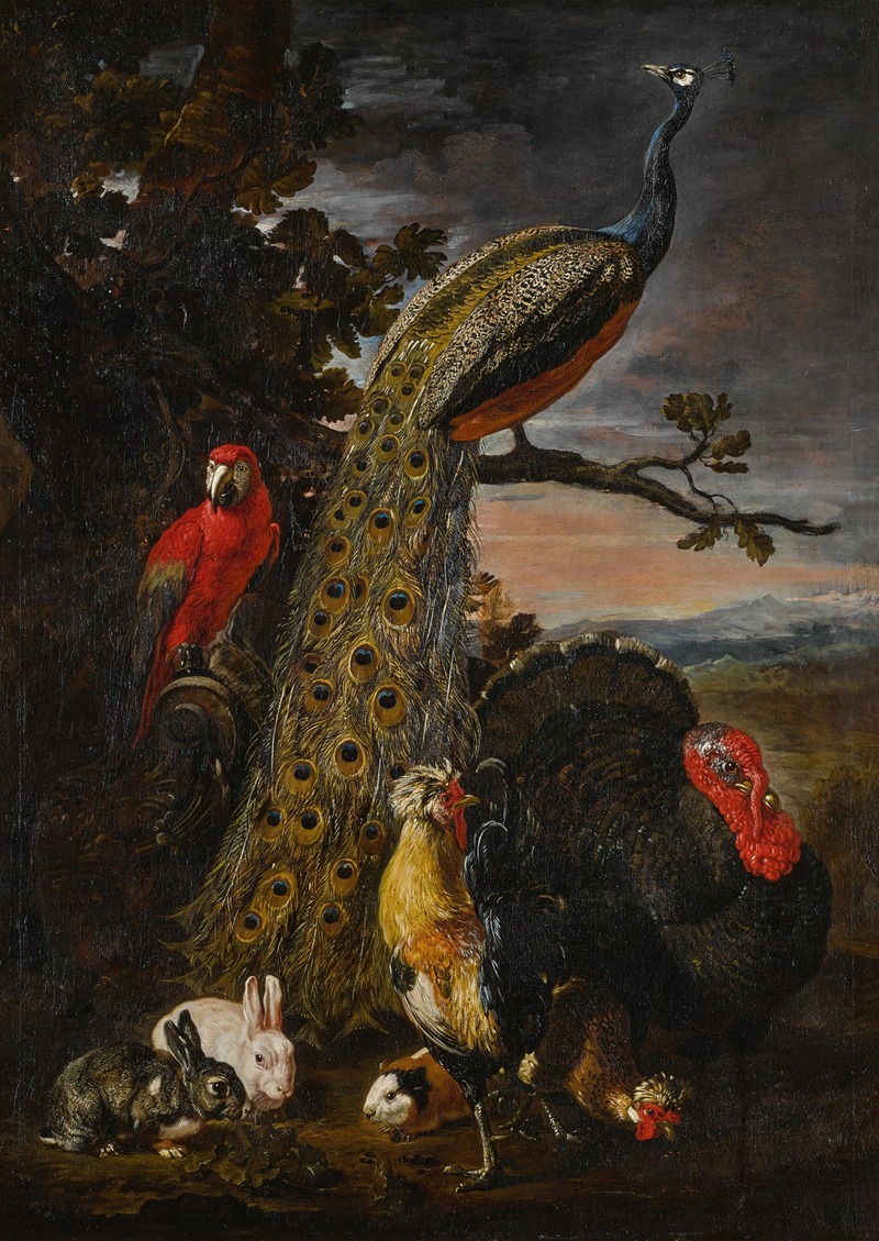 David de Coninck - Landscape with a peacock, parrot, chicken, turkey, two rabbits and a guinea-pig