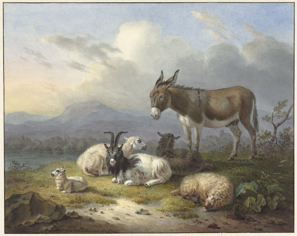 Dirk van Oosterhoudt - Landschap met ezel, geit en schapen