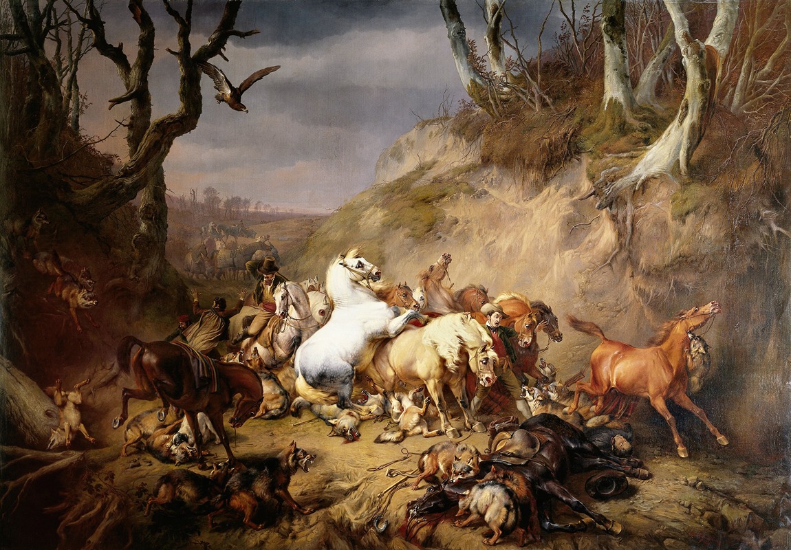Eugène Joseph Verboeckhoven - Hungry Wolves Attacking a Party of Riders