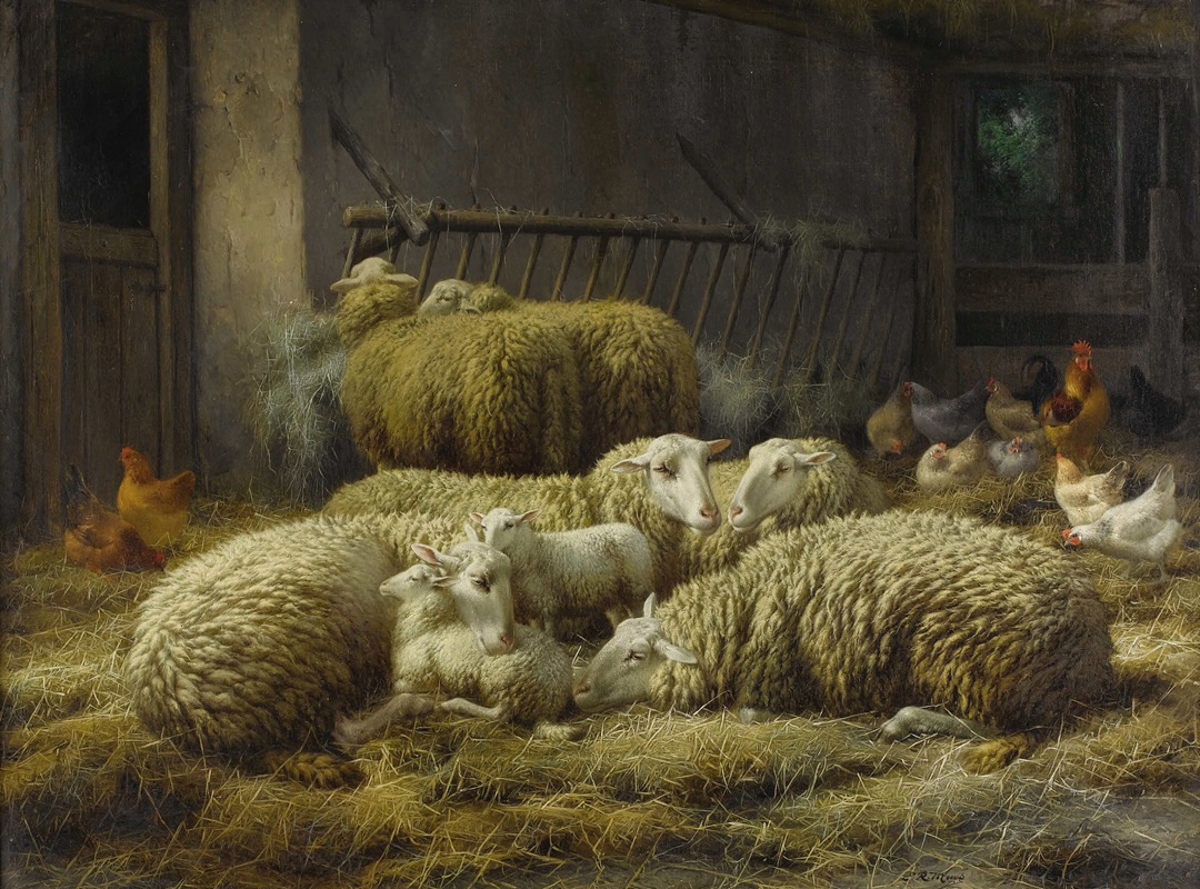 Eugene Remy Maes - Sheep And Chickens In A Barn