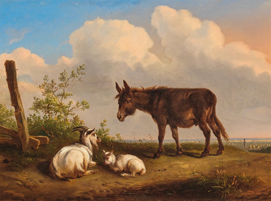 Eugène Joseph Verboeckhoven - A Donkey and Goats on a Country Road
