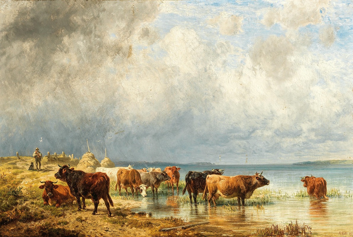 Friedrich Voltz - A herd of cattle near a Lake