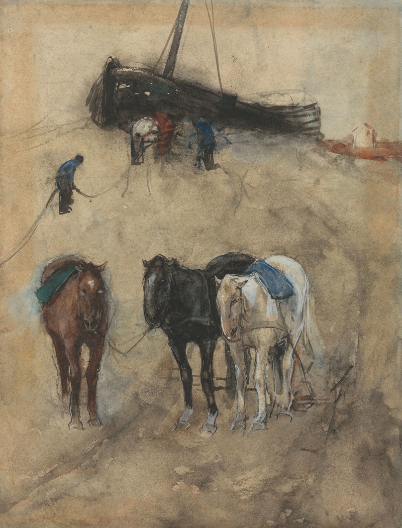 George Hendrik Breitner - Paarden op het strand, op de achtergrond een schuit en vissers
