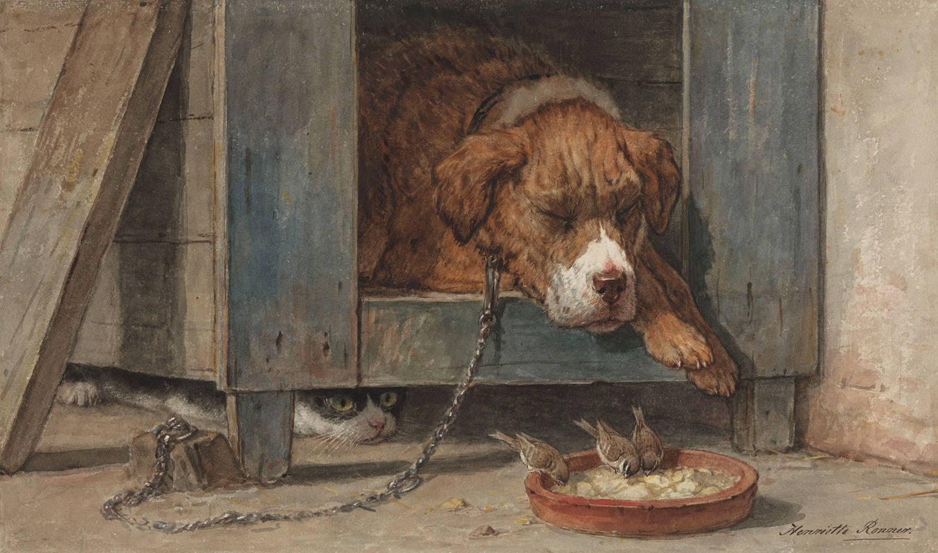 Henriëtte Ronner-Knip - Kat bespiedt vogels bij een slapende hond