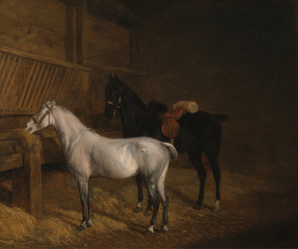 Jacques-Laurent Agasse - A Grey Pony and a Black Charger in a Stable