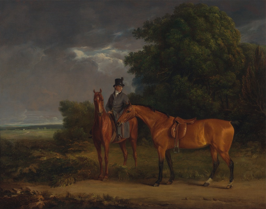 Jacques-Laurent Agasse - A Groom Mounted on a Chestnut Hunter, He Holds a Bay Hunter by the Reins