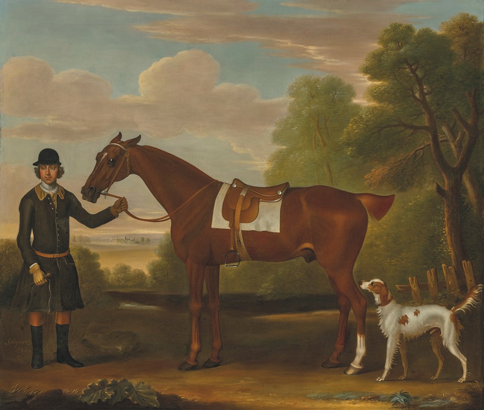 James Seymour - Lord Portmore’s ‘Snap’, a saddled chestnut hunter held by a groom, with a setter in a landscape