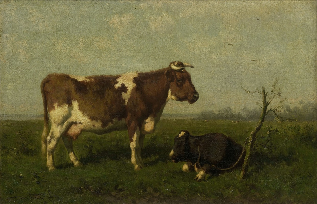 Jan Vrolijk - A Cow with her Calf in a Meadow