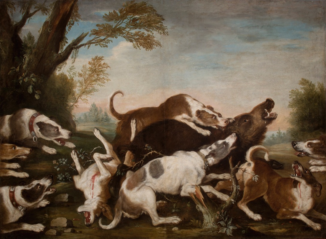 Joseph Anton Harzath - Hunting Scene (Dogs Attacking Wild Boar)