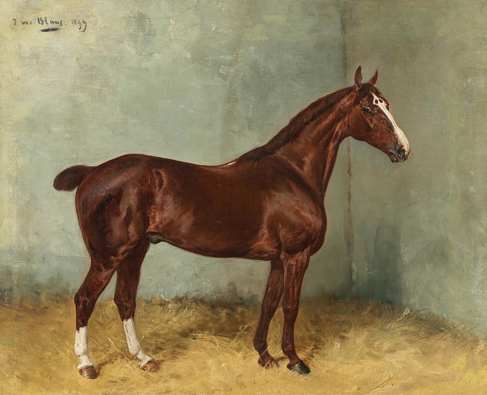 Julius von Blaas - A Bay Horse with White Blaze in a Stable