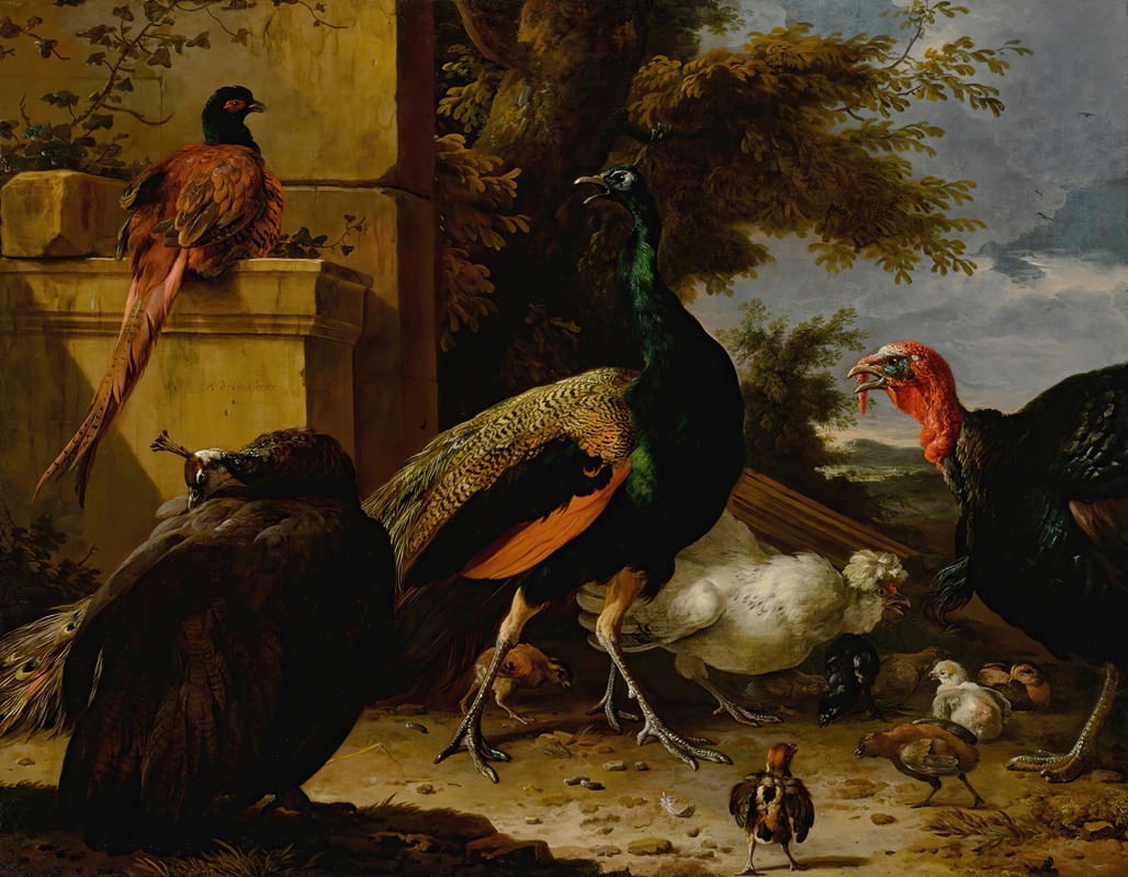 Melchior d'Hondecoeter - A peacock, pea-hen, pheasant, turkey, cockerel and chick by a wall, a landscape beyond
