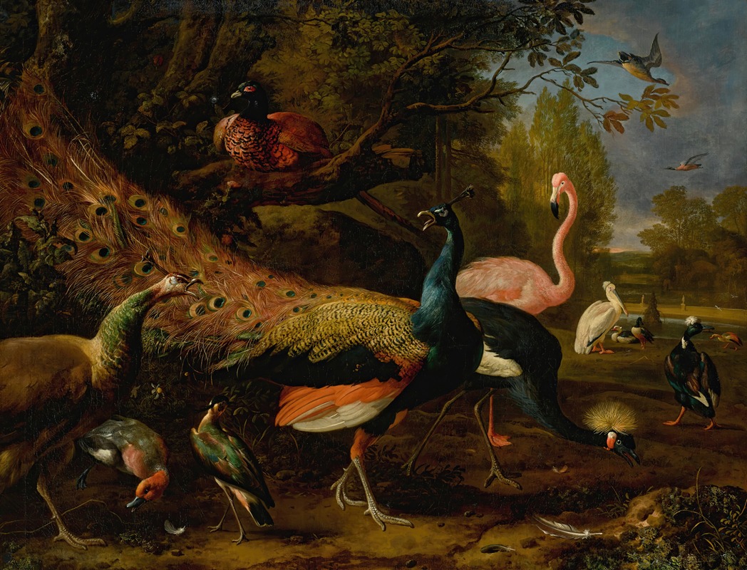 Melchior d'Hondecoeter - Exotic fowl, including a peacock and peahen, flamingo, African crane, pheasant, and lapwing, shoveller, pelican and tufted duck