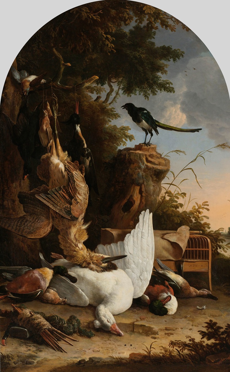 Melchior d'Hondecoeter - A Hunter’s Bag near a Tree Stump with a Magpie, Known as ‘The Contemplative Magpie’