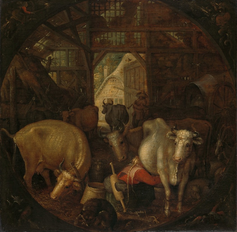 Roelant Savery - Cows in a stable; witches in the four corners
