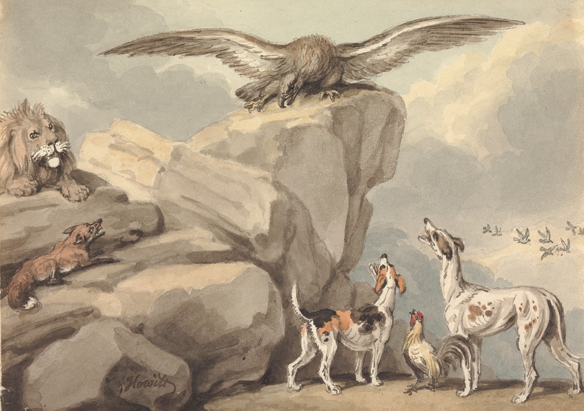 Samuel Howitt - An Eagle Perched on a Rock; Lion, Fox, Two Hounds and a Rooster
